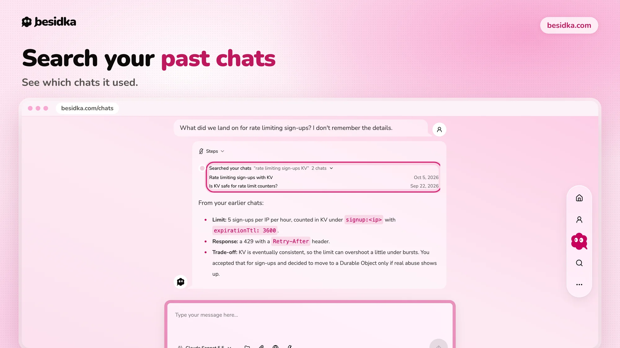 A chat answer with a Searched your chats step listing two earlier chats with their dates, and the answer built from what they said.