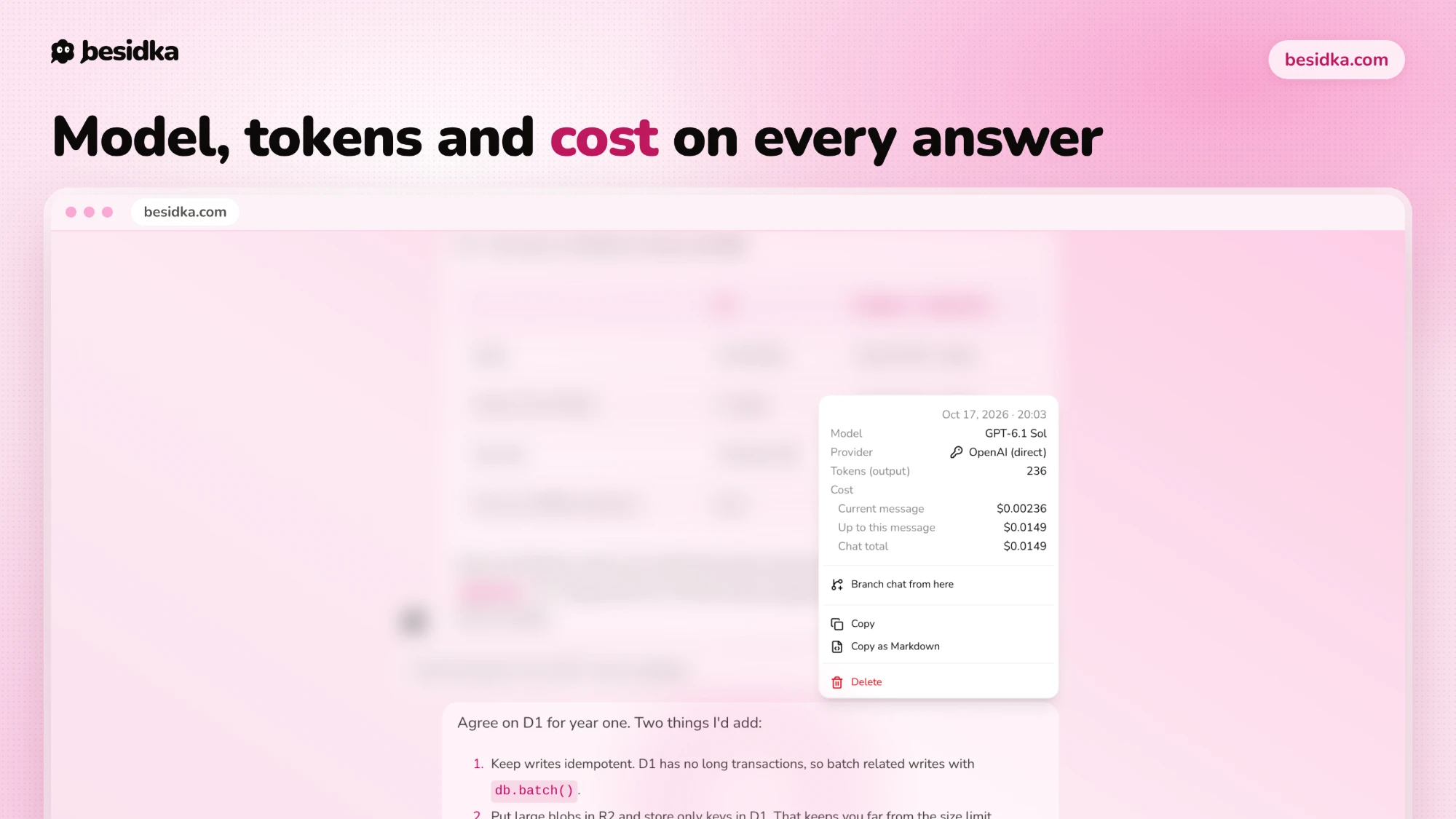 Message menu showing the model, provider, output tokens and the cost of the message, up to that message and for the whole chat.