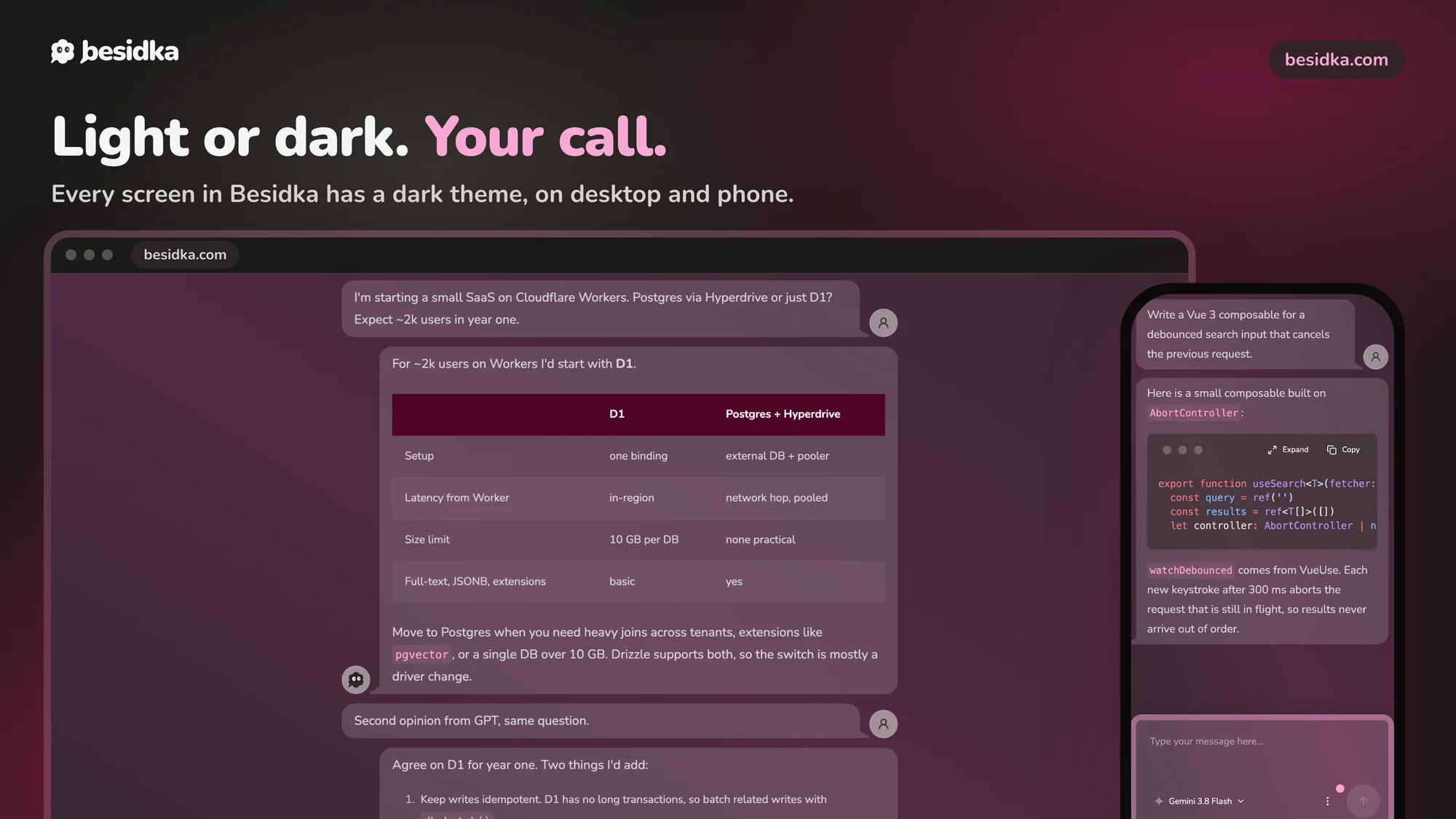 Besidka in dark theme on a desktop chat comparing D1 and Postgres and on a phone showing a Vue composable answer.
