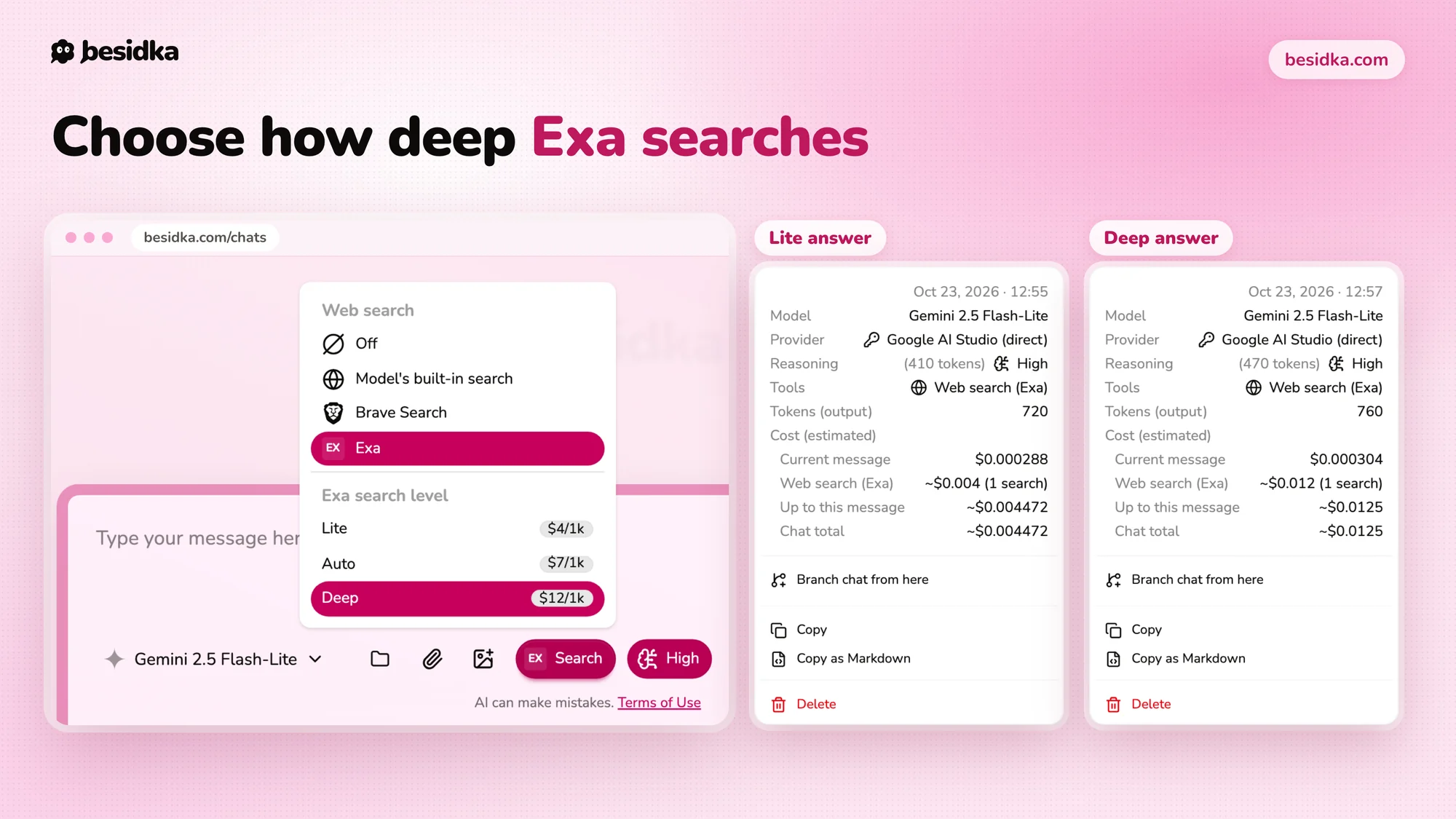 The web search menu with Exa selected and its three search levels, Lite $4/1k, Auto $7/1k and Deep $12/1k with Deep active, next to the message info cards for a Lite answer (~$0.004) and a Deep answer (~$0.012).