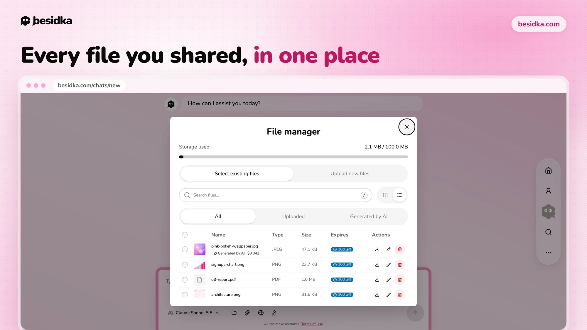 File manager listing uploaded and AI-generated files with type, size, expiry and storage used.