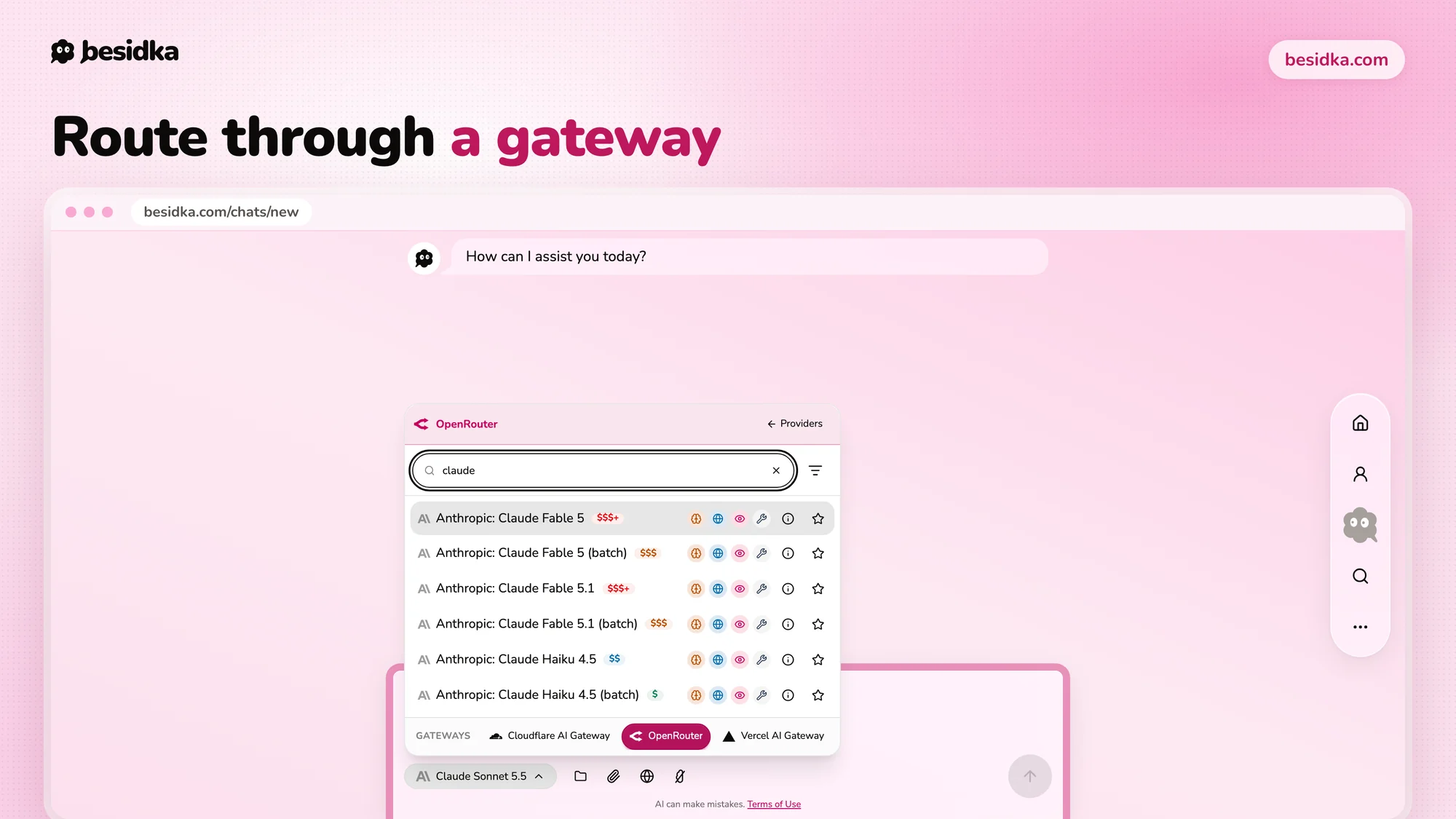 Model picker switched to OpenRouter, listing Anthropic models available through the gateway, next to Cloudflare AI Gateway and Vercel AI Gateway.