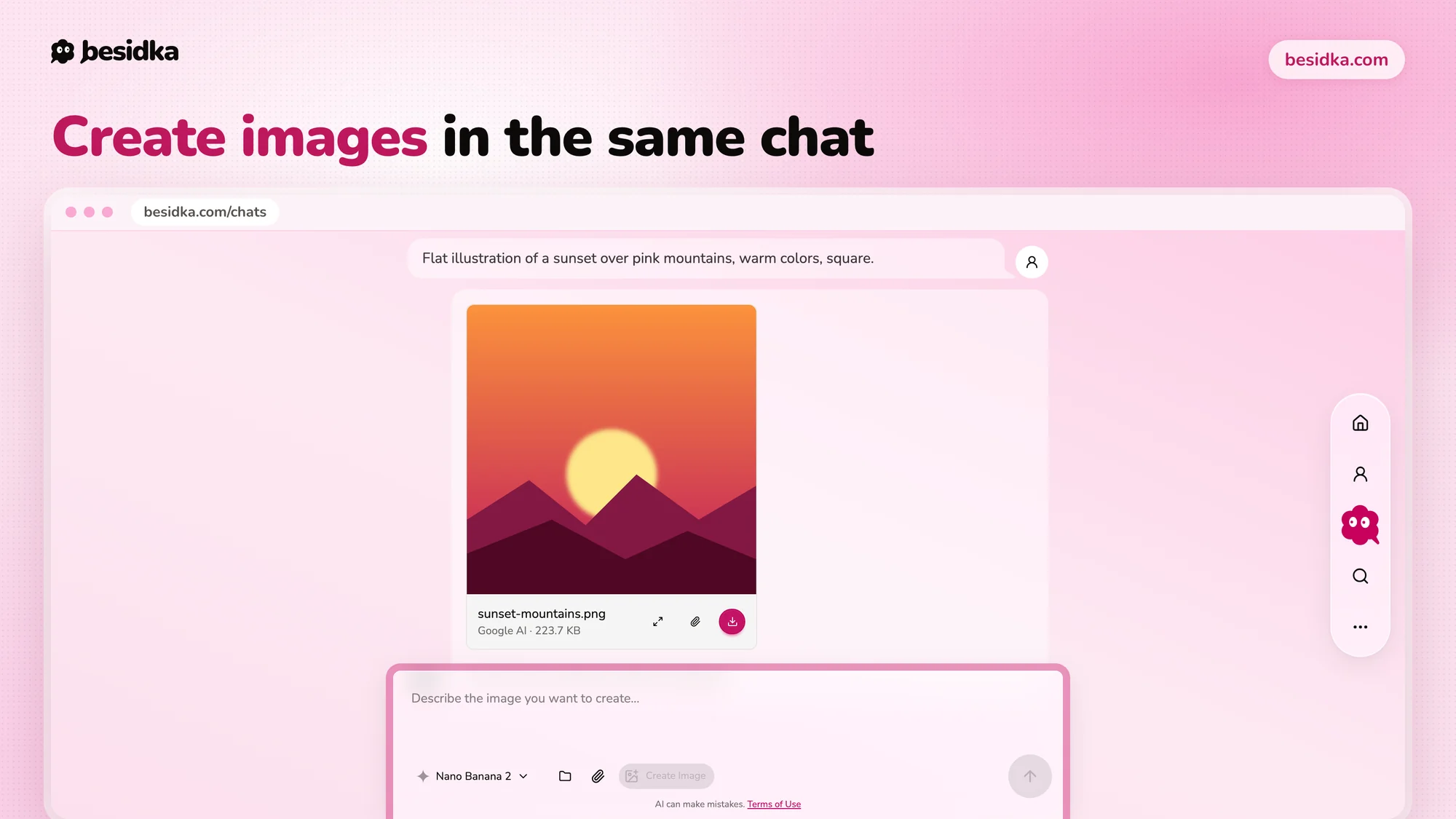 A chat where Nano Banana 2 generated a flat illustration of a sunset over pink mountains.