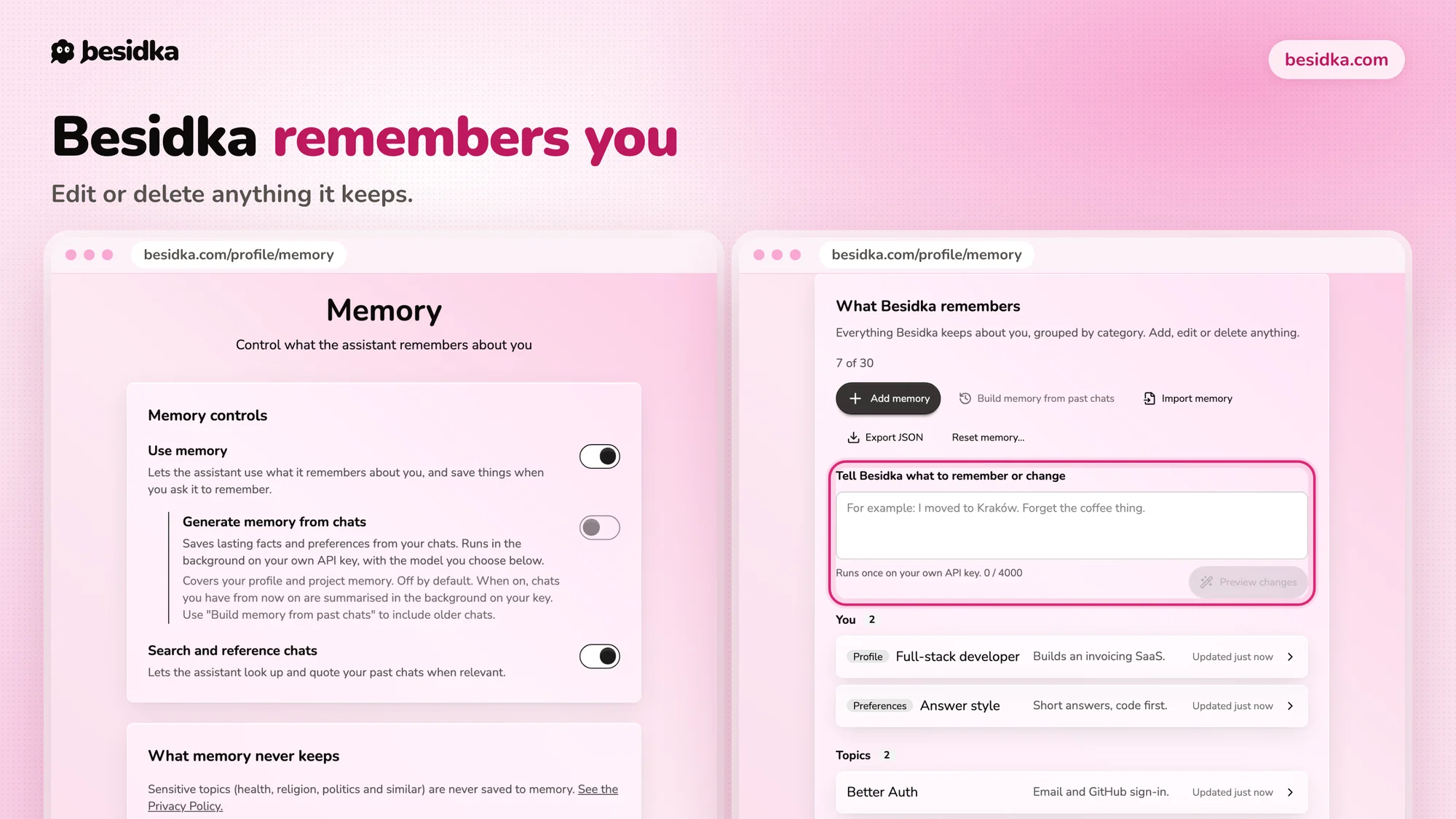 The Memory page with Use memory on, Generate memory from chats off and Search and reference chats on, next to What Besidka remembers with a Tell Besidka what to remember or change box and entries grouped as You and Topics.