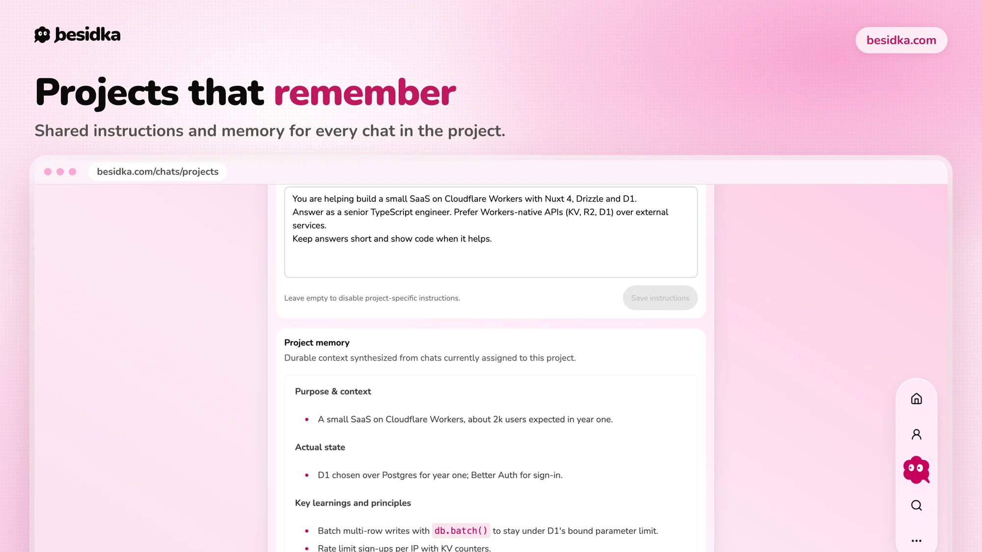 A project page with project instructions marked Active and project memory synthesized from the project's chats.
