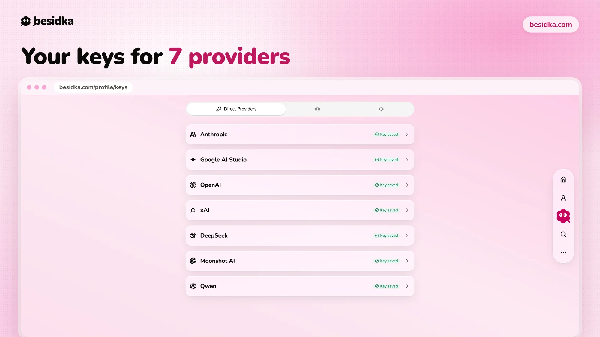API keys settings listing seven direct providers, Anthropic, Google AI Studio, OpenAI, xAI, DeepSeek, Moonshot AI and Qwen, each with its logo and a saved key.