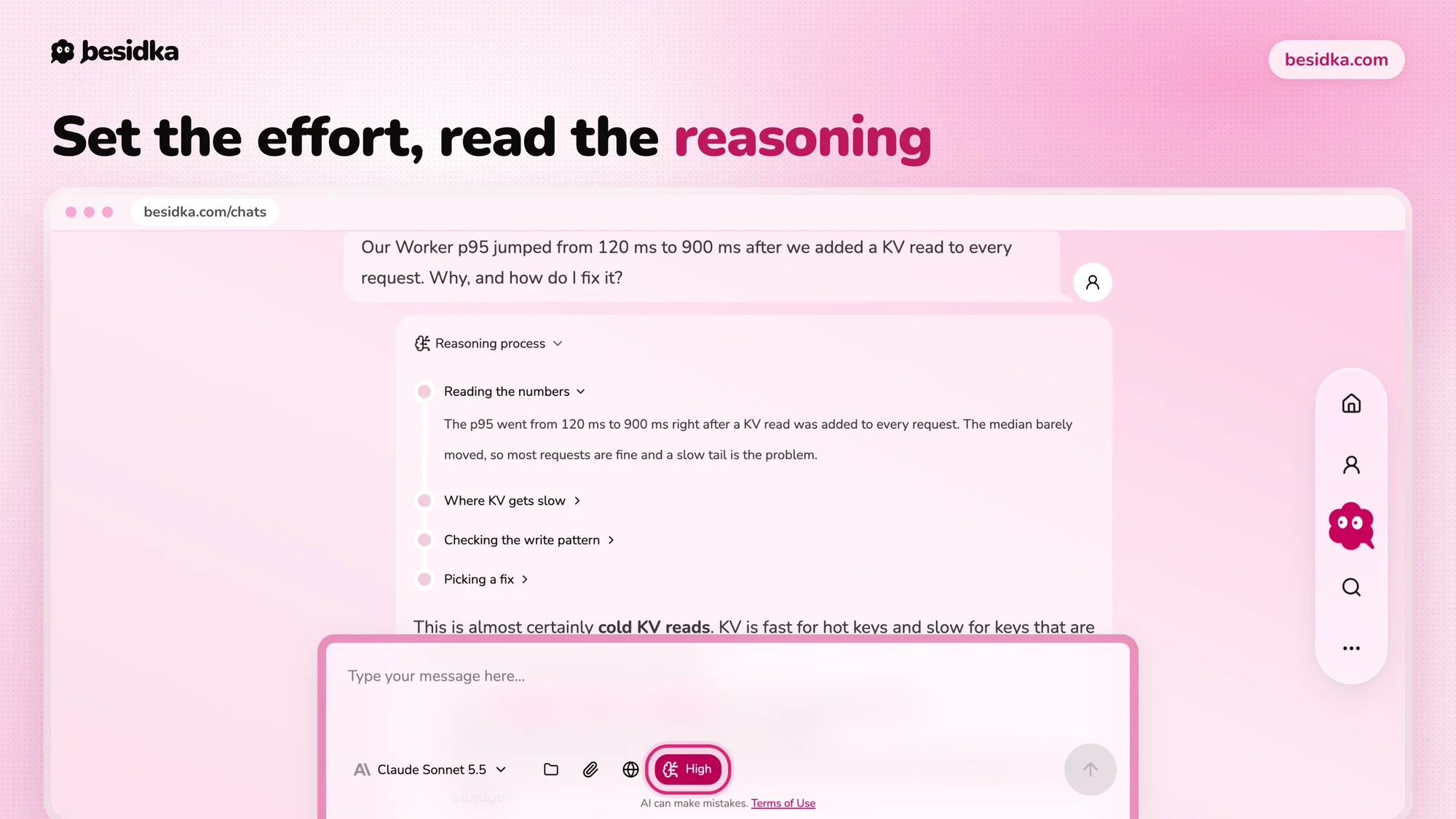 An answer with its reasoning steps expanded and the reasoning effort set to High in the chat input.