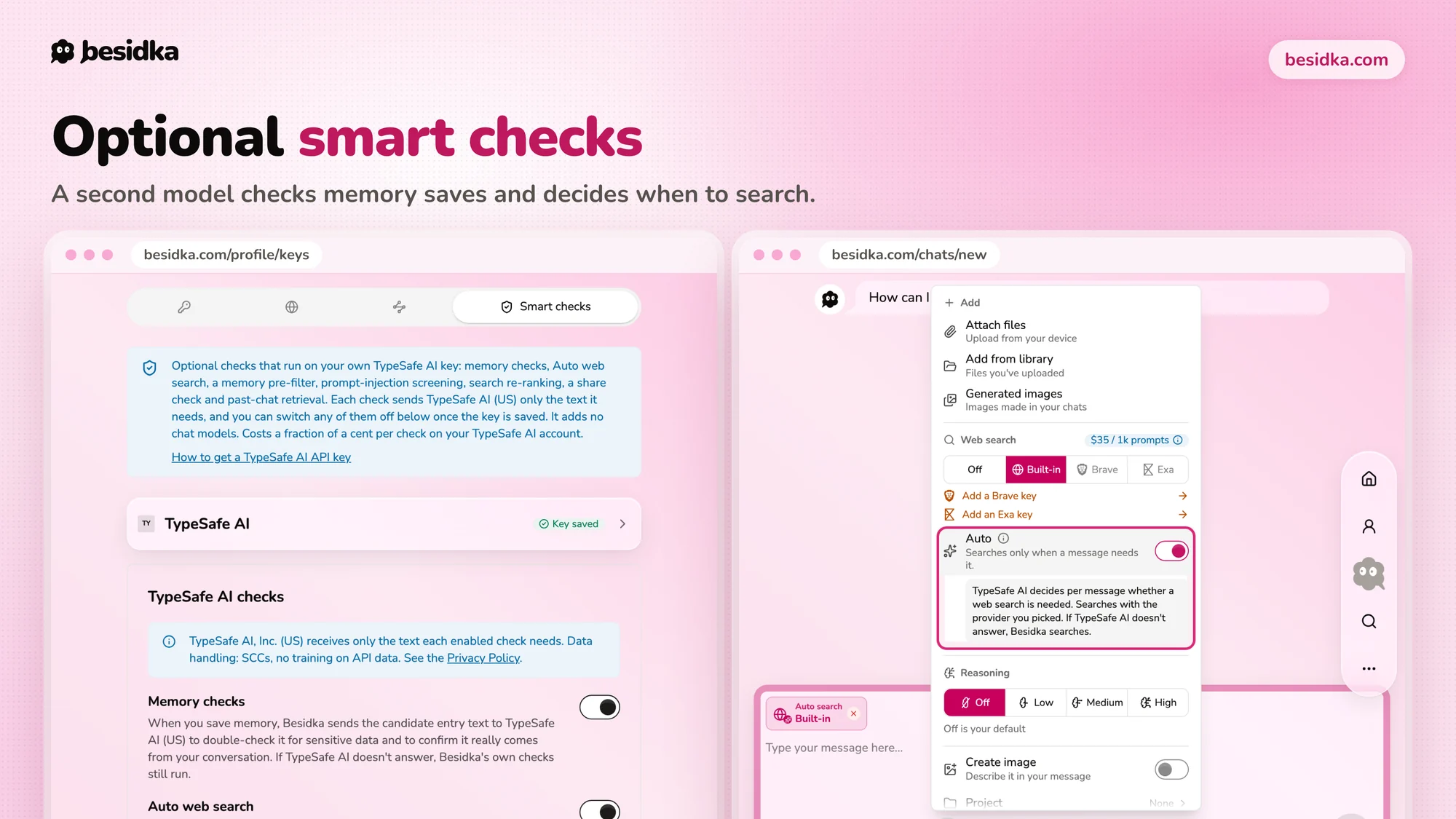 The Smart checks tab of the API keys page with a saved TypeSafe AI key and its TypeSafe AI checks list, Memory checks switched on, next to the chat tools menu with Web search set to Built-in and the Auto toggle on, explaining that TypeSafe AI decides per message whether a web search is needed.
