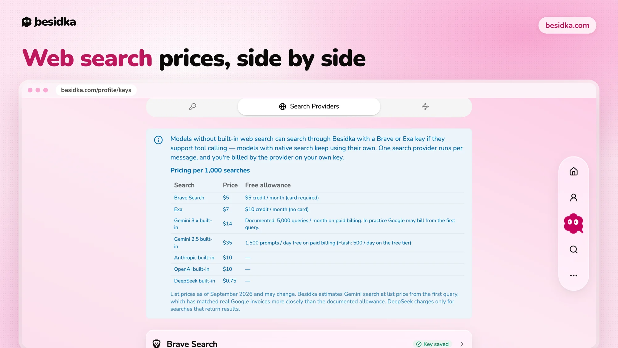 Search provider settings with prices per 1,000 searches for Brave, Exa and the built-in search of Gemini, Anthropic, OpenAI and DeepSeek.
