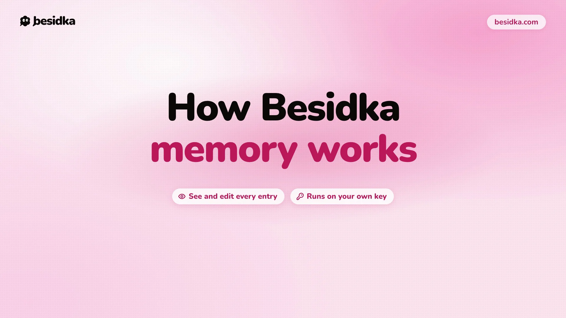 Screen recording of the Memory page in Besidka. The list of memory entries, editing an entry, telling Besidka what to change with a preview before Apply, project memory and project knowledge, the Searched your chats step, keeping a chat out of memory, the consent step and extra memory checks with TypeSafe AI.